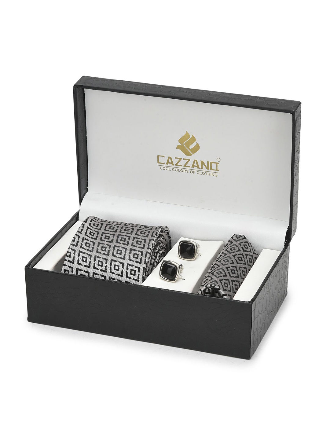 

Cazzano Men Accessory Gift Set Of Slim Tie, Cufflink & Pocket Square, Grey