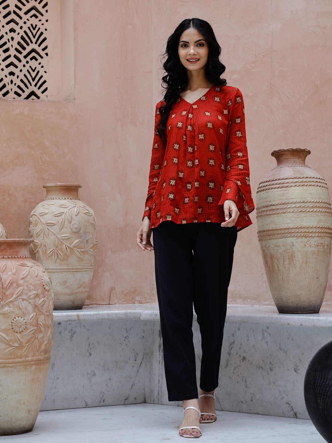 

RangDeep Women Printed Pure Cotton Top With Trouser Co-Ord Sets, Red