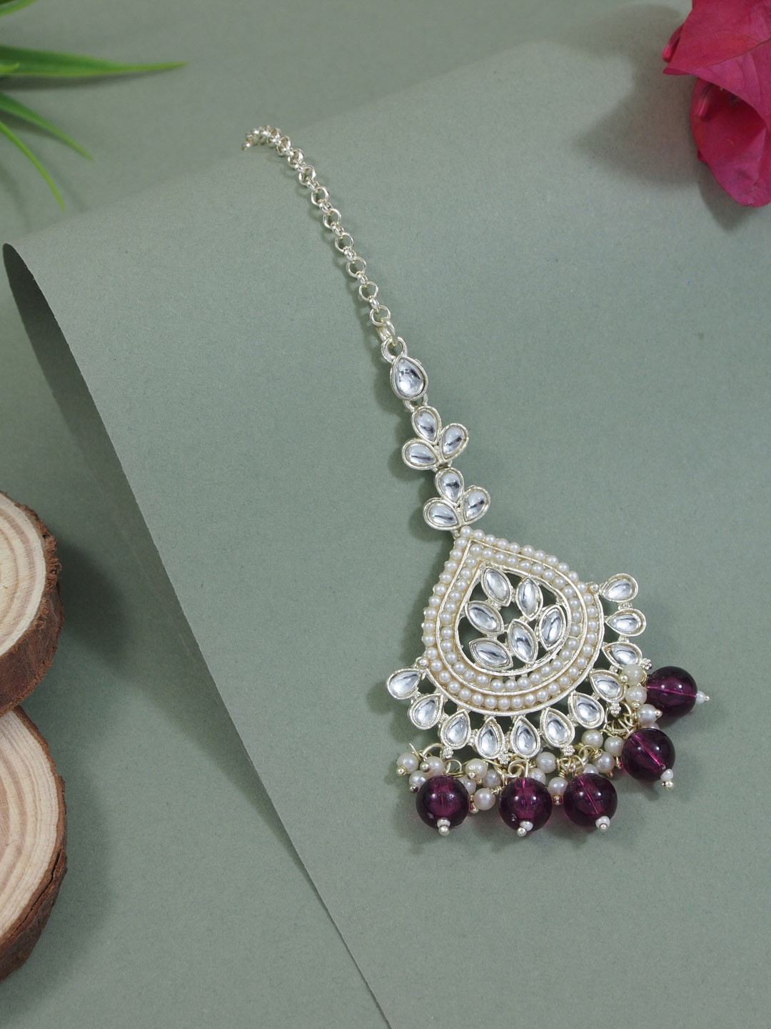 

I Jewels Gold-Plated Kundan & Pearl Maang Tikka