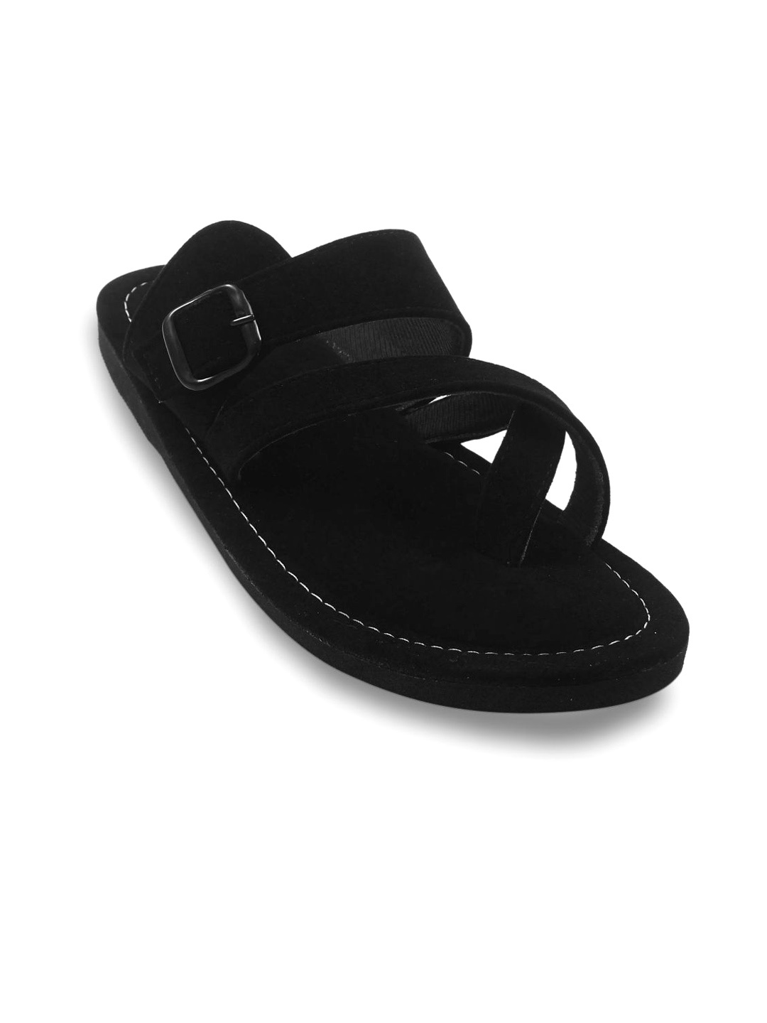 

Apratim Men Embellished T-Strap Flats with Buckles, Black