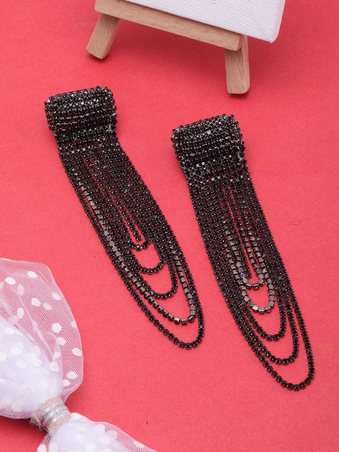 

KPOP Rhinestone Studded Contemporary Drop Earrings, Black