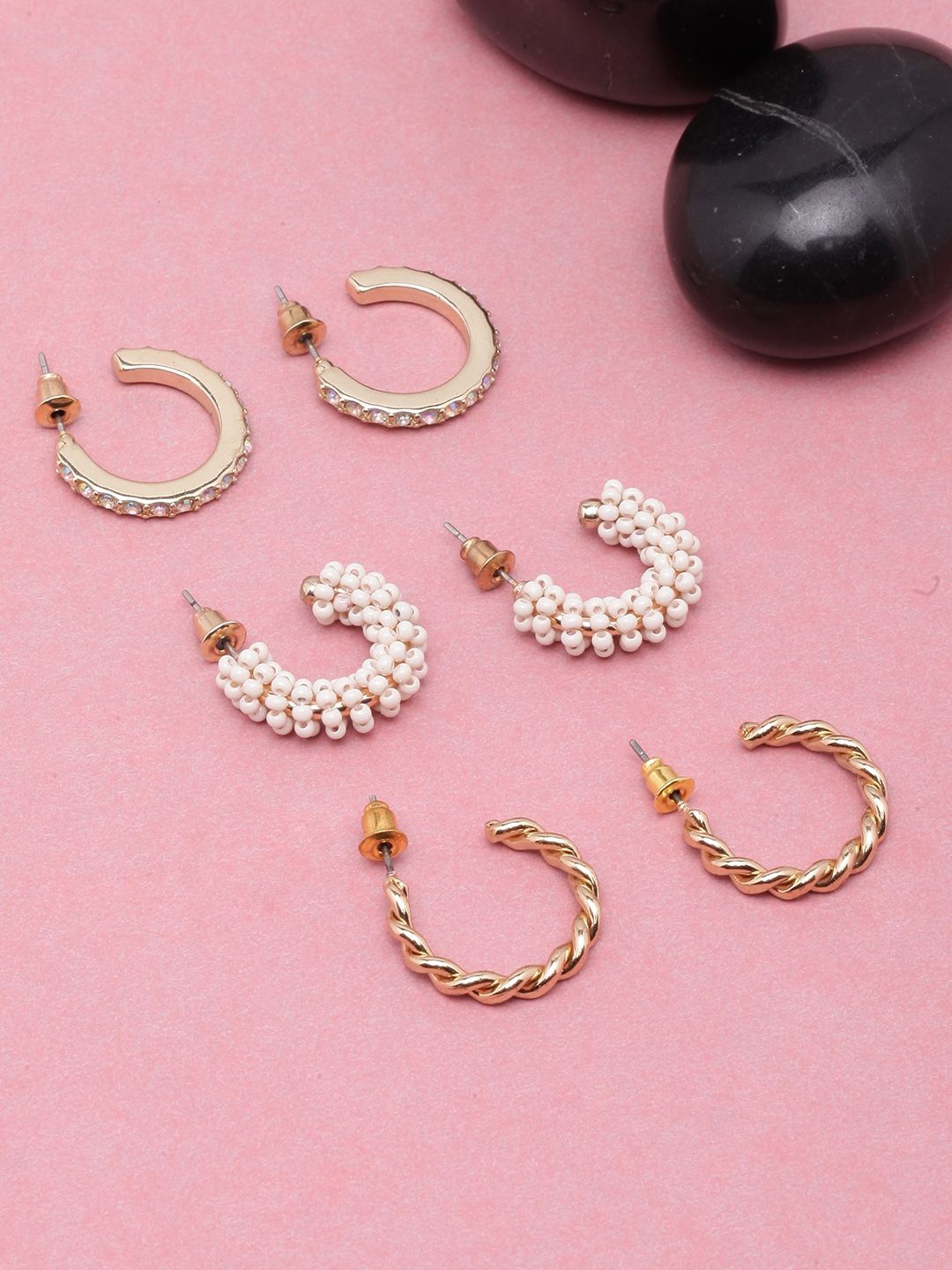 

KPOP Set Of 3 Gold Plated Stone Studded & Beaded Contemporary Half Hoop Earrings