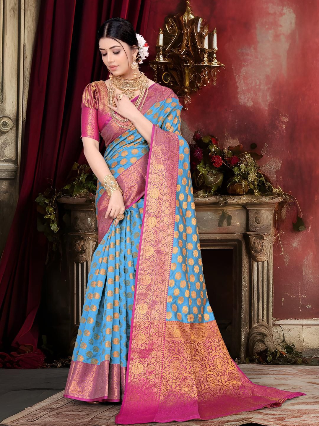 

JAY FASHION Ethnic Motifs Zari Kanjeevaram Saree, Blue