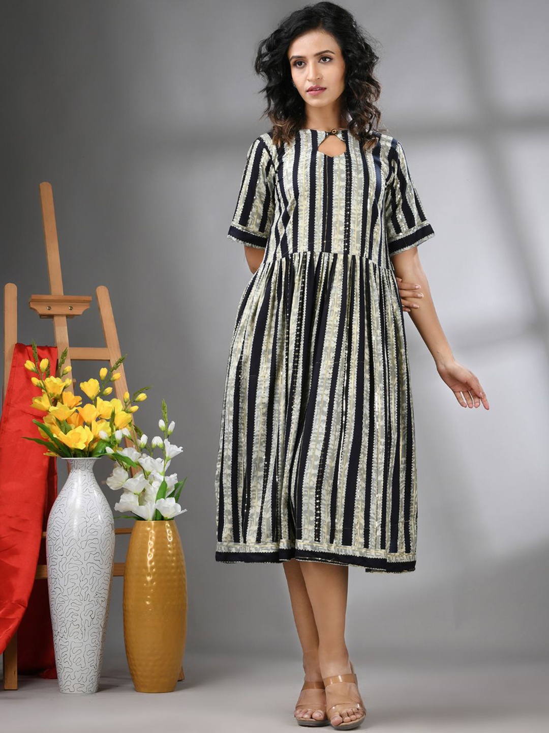 

Charukriti Embellished Fit & Flare Midi Ethnic Dresses, Black