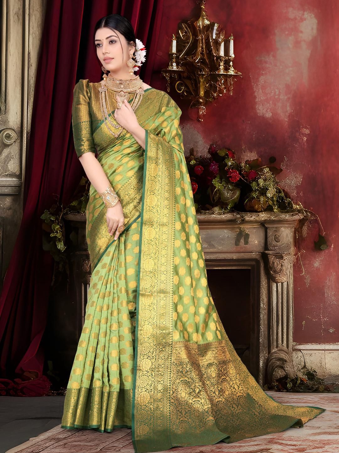 

JAY FASHION Ethnic Motifs Zari Silk Kanjeevaram Saree, Green