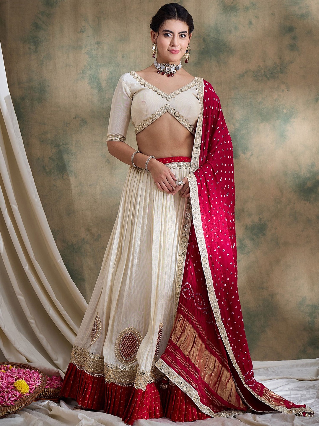 

SHRINGARINI Beads and Stones Ready to Wear Lehenga & Unstitched Blouse With Dupatta, Off white