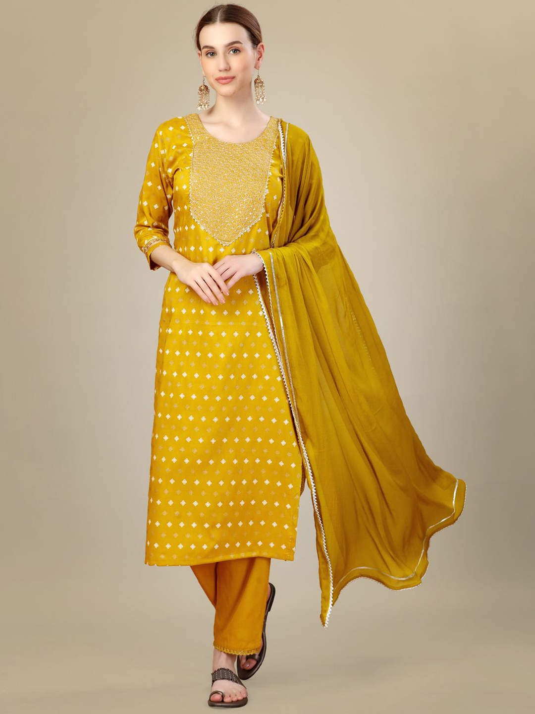 

KAYOMMI Ethnic Motifs Embroidered Regular Sequinned Straight Kurta with Churidar & Dupatta, Yellow