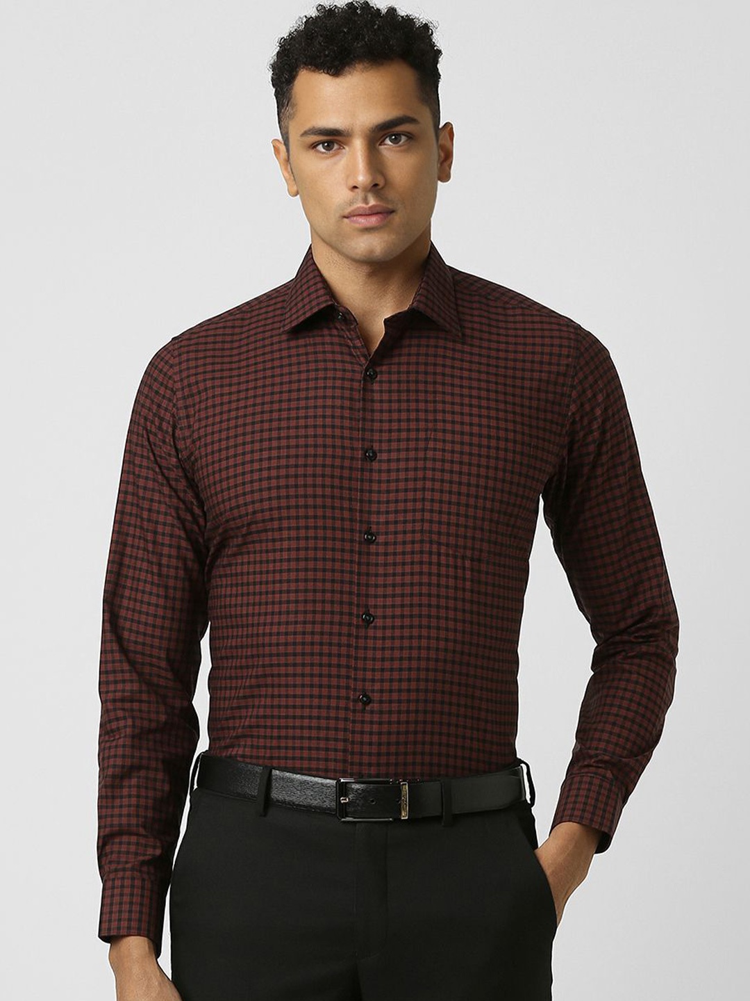 

Van Heusen Men Spread Collar Checked Cotton Slim Fit Formal Shirt, Brown