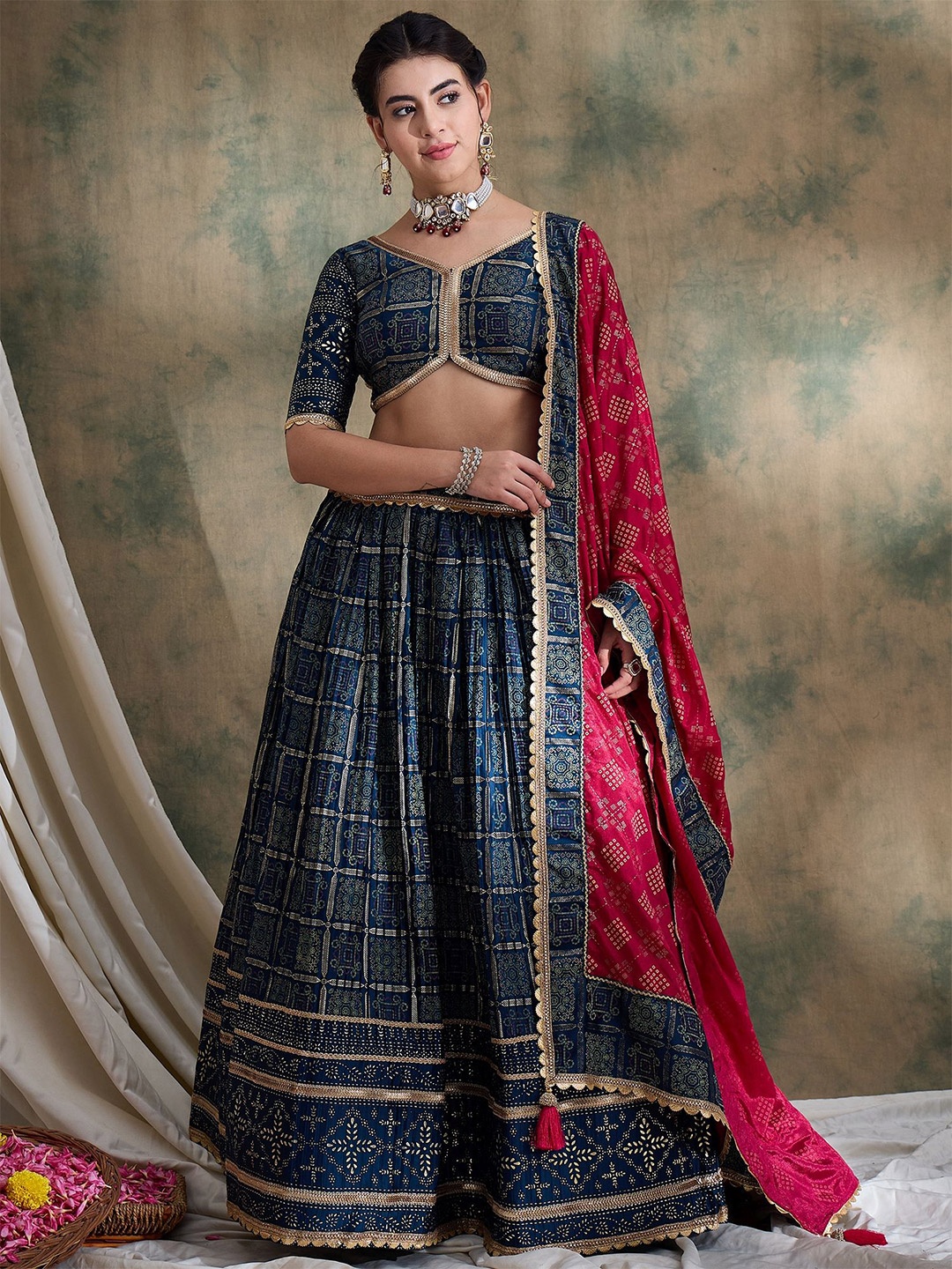 

SHRINGARINI Printed Zari Lehenga & Unstitched Blouse With Dupatta, Turquoise blue