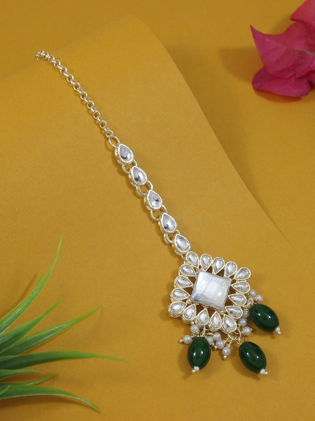 

I Jewels Gold-Plated Kundan & Pearl Maang Tikka