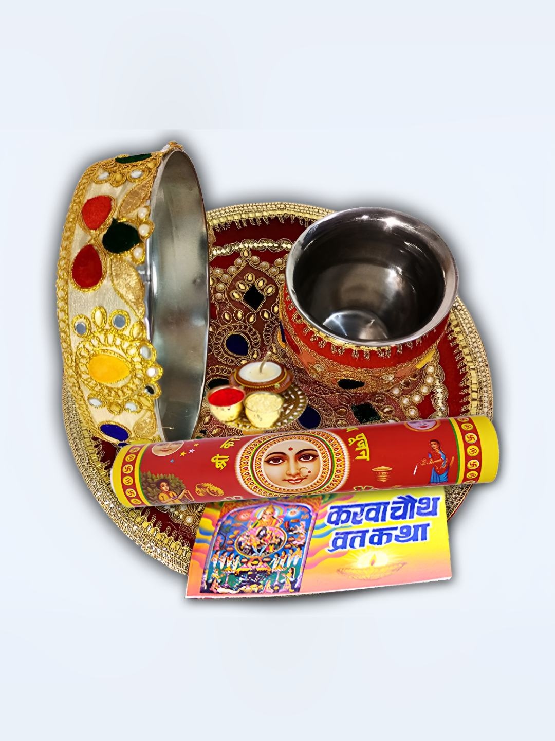 

ME & YOU Red & Yellow Karwa Chauth Puja Thali With Roli Chawal & Sieve
