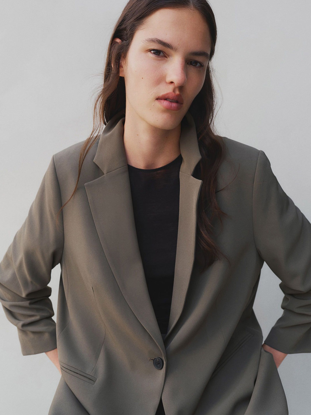 

H&M Gathered-Sleeve Blazer, Beige