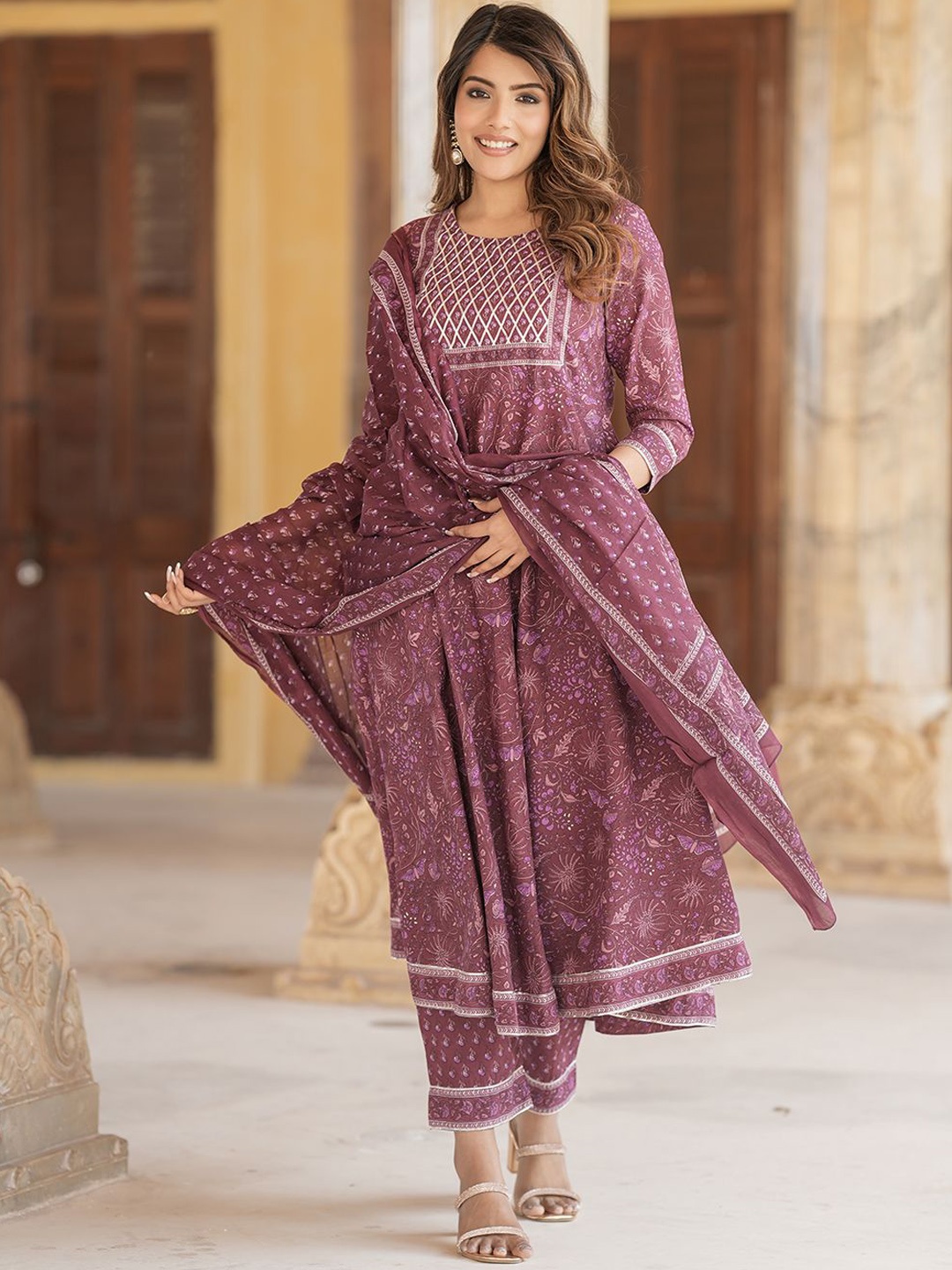 

KALINI Floral Printed Gotta Patti Pure Cotton Anarkali Kurta with Trousers & Dupatta, Mauve