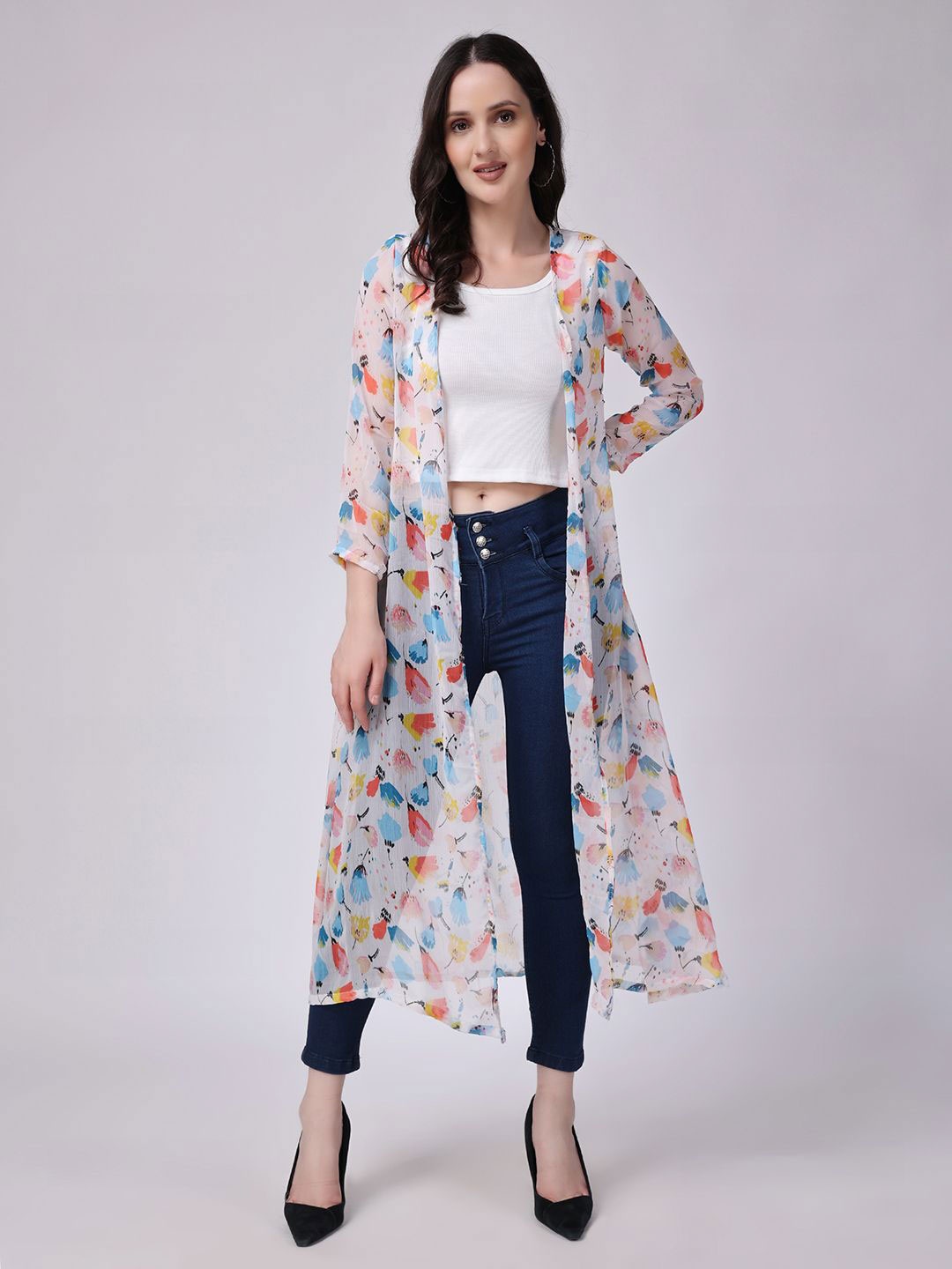 

MINOS Women Printed Longline Shrug, White