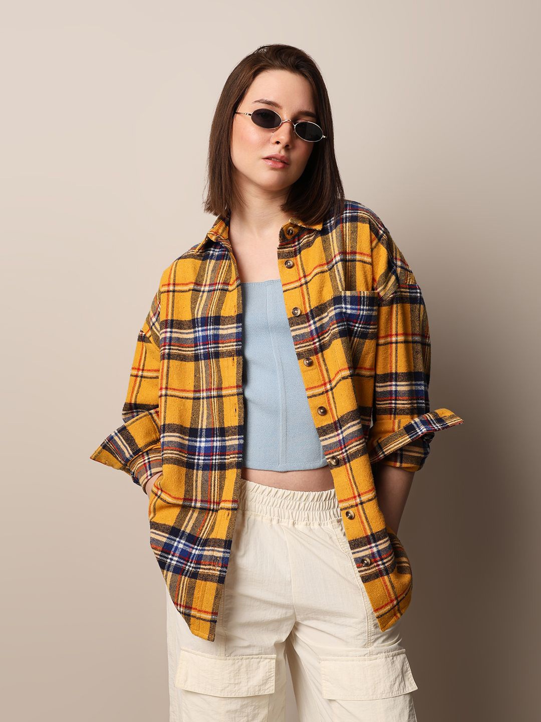 

ONLY Women Spread Collar Checked Cotton Oversized Casual Shirt, Yellow