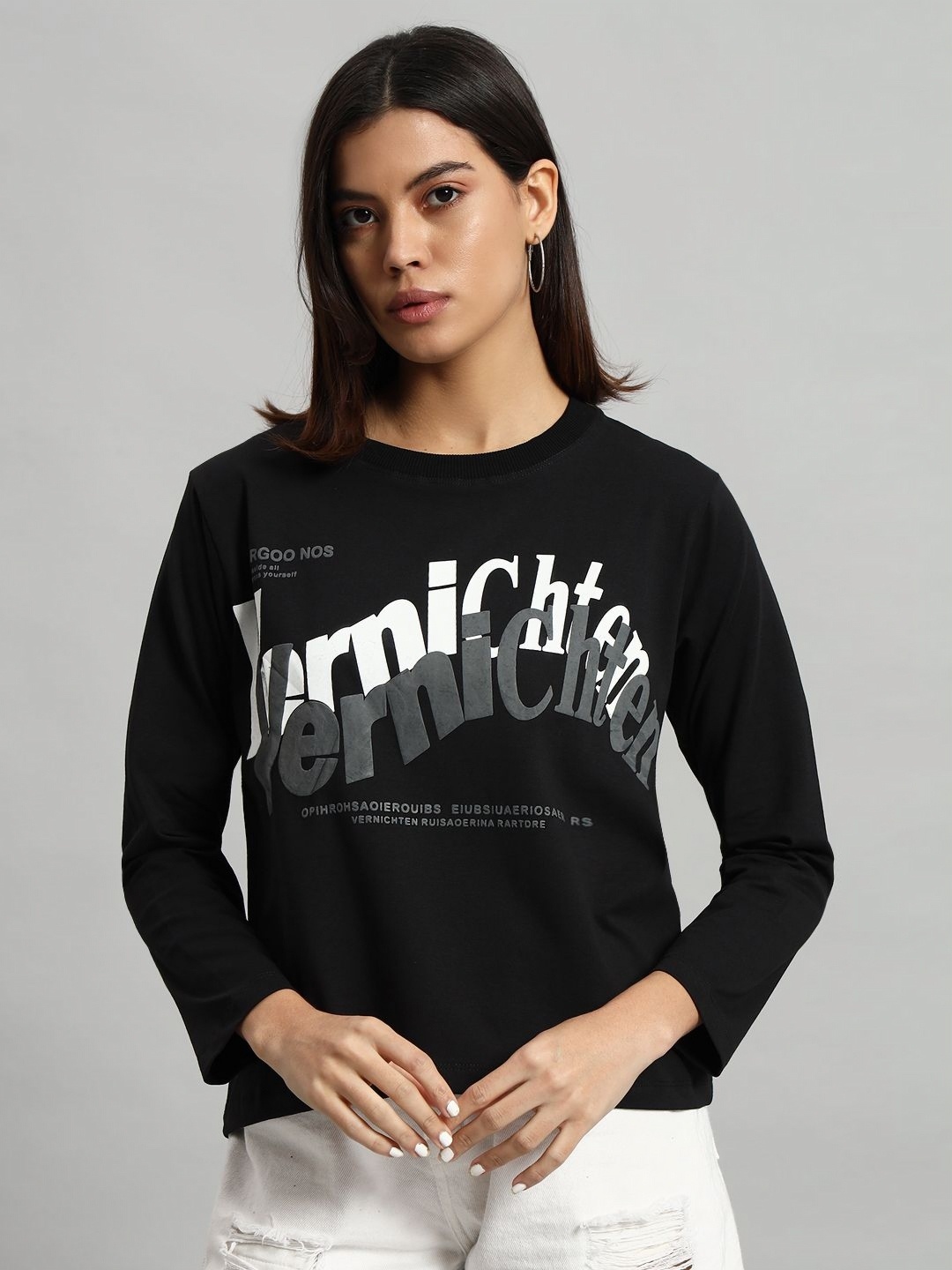 

AECK Women Typography Printed Round Neck Cotton T-shirt, Black