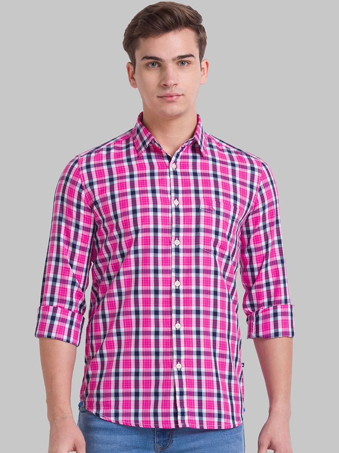 

Parx Men Cutaway Collar Checked Cotton Slim Fit Casual Shirt, Pink