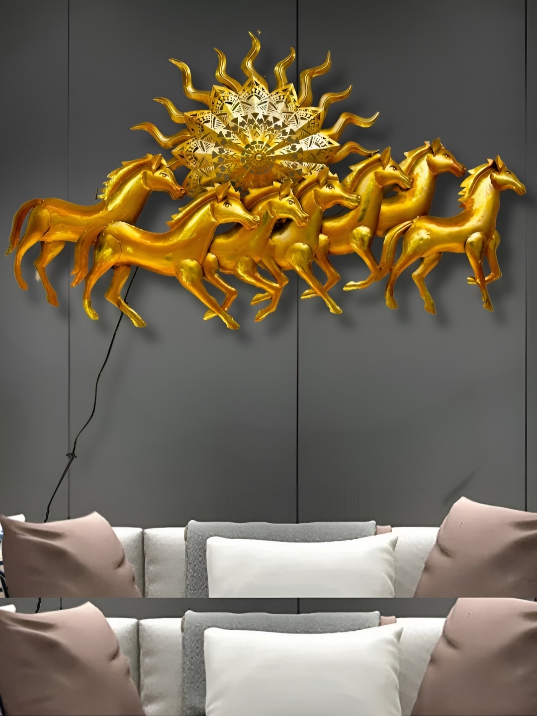

ANSHIKA INTERNATIONAL Gold-Toned 7 Running Horses With Sun Metal Wall Decor