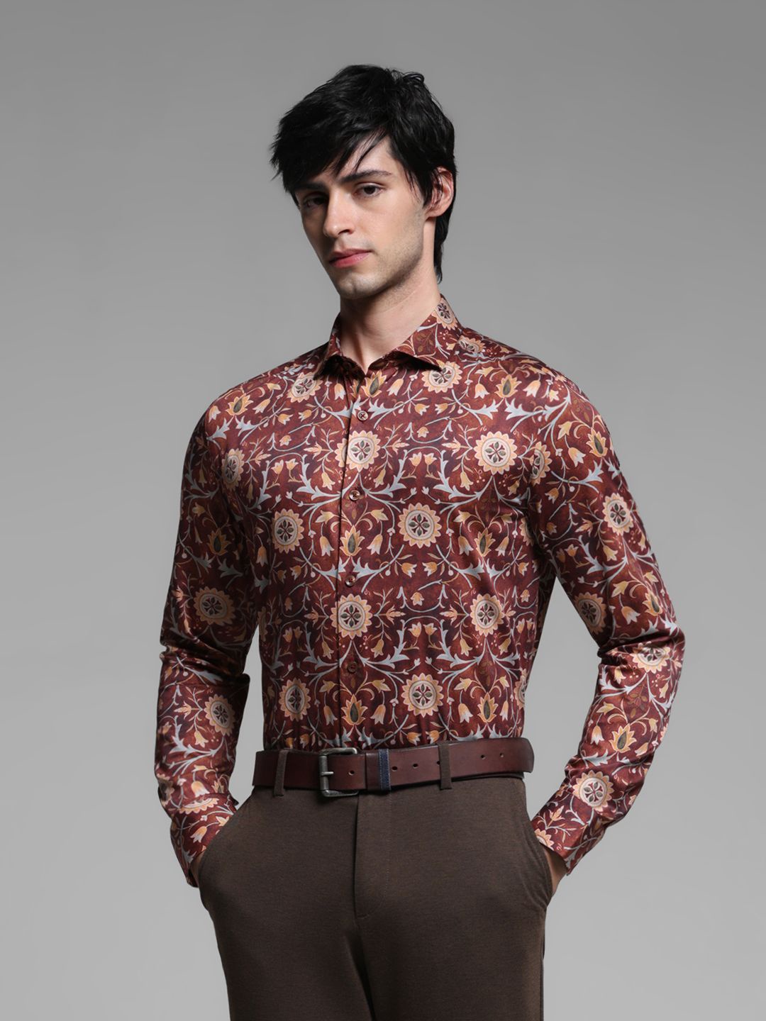 

Jack & Jones Men Cutaway Collar Floral Printed Cotton Slim Fit Casual Shirt, Brown