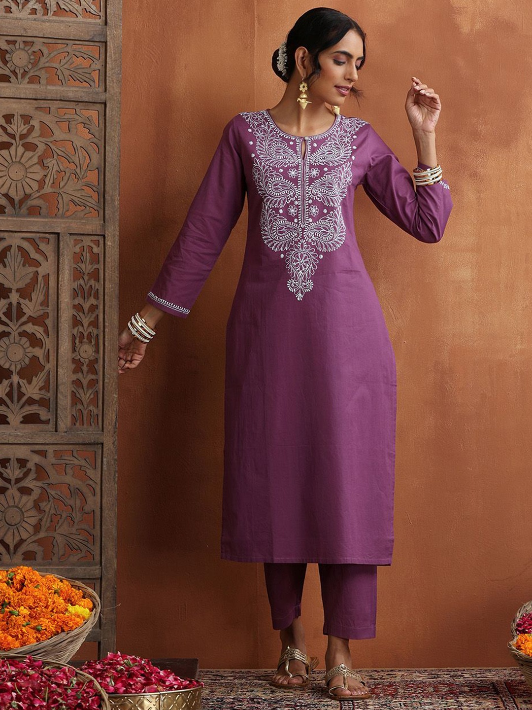 

House of Chikankari Chikankari Woven Kurta Set, Purple
