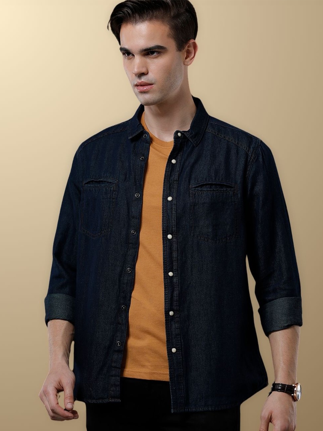 

TEMPLE OF DENIM Men India Slim Spread Collar Solid Denim Casual Shirt, Navy blue