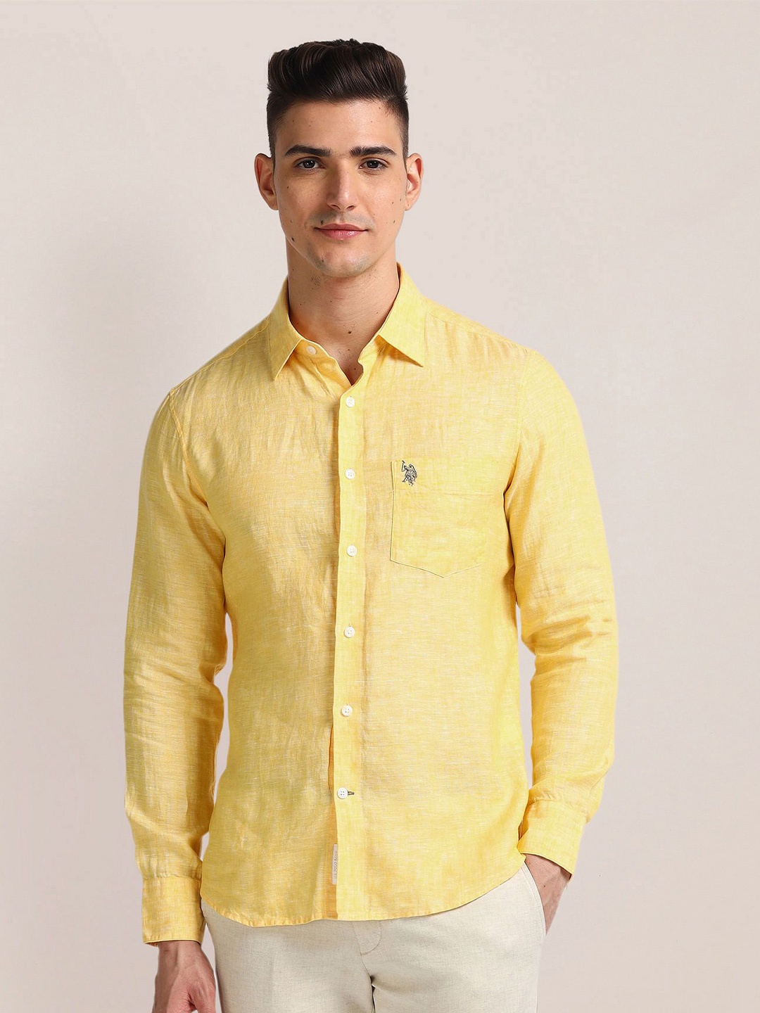 

U.S. Polo Assn. Men Spread Collar Solid Linen Formal Shirt, Yellow