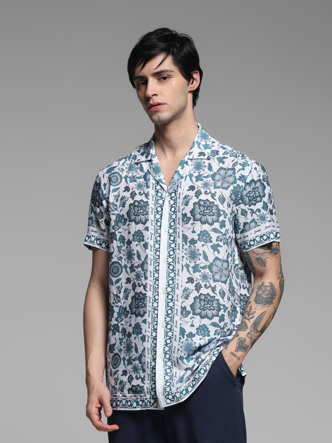 

Jack & Jones Men Cuban Collar Floral Printed Lyocell Relaxed Fit Casual Shirt, White