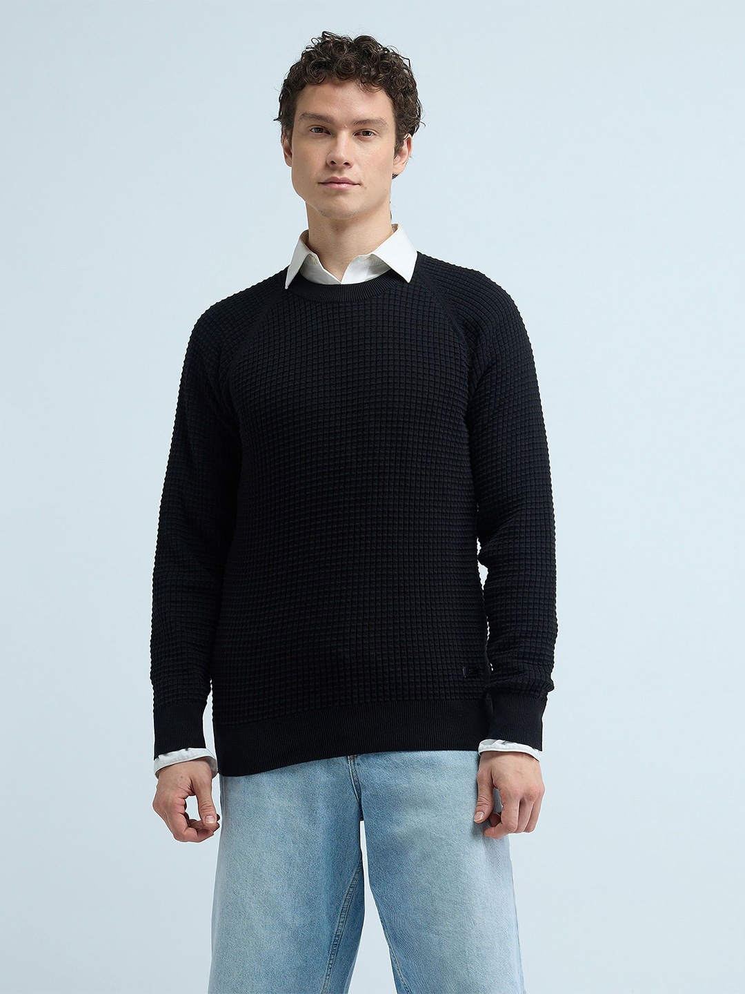 

Flying Machine Men Pure Cotton Cable Knit Pullover, Black