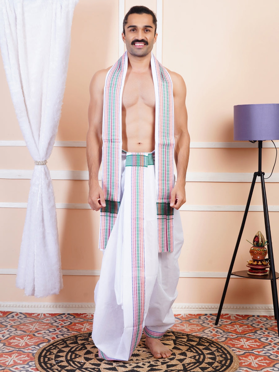 

Ramraj Men Cotton Panchakacham Dhoti with Angavastram, White