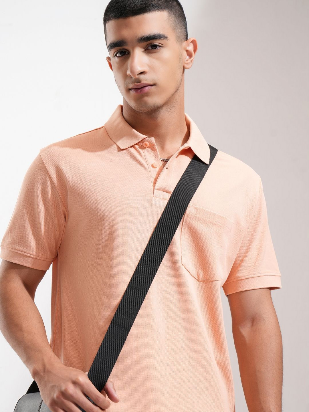 

HIGHLANDER Men Solid Polo Collar Cotton Relaxed Fit T-shirt, Peach