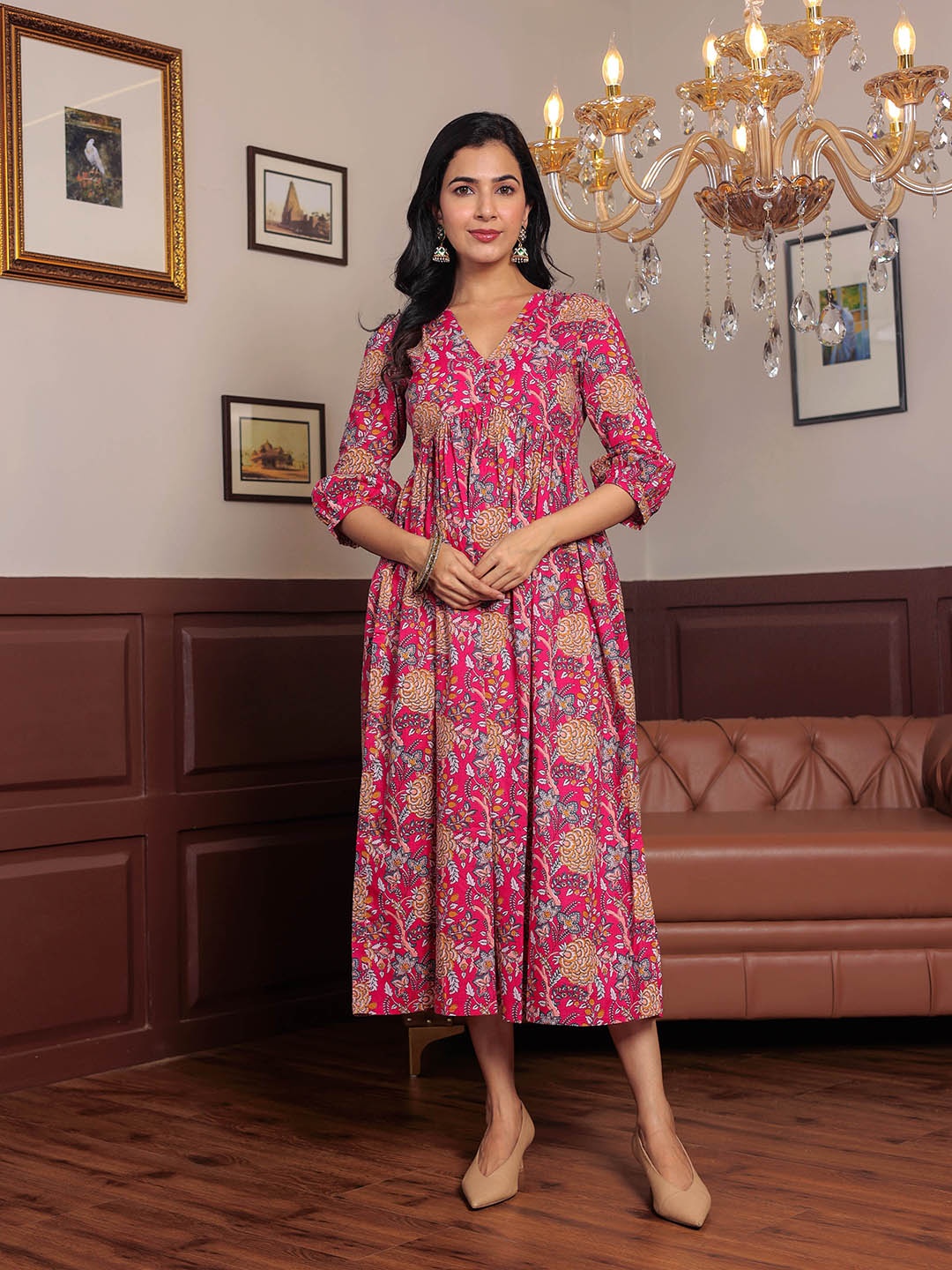 

GULAB CHAND TRENDS Floral Printed Cotton A-Line Ethnic Dress, Pink