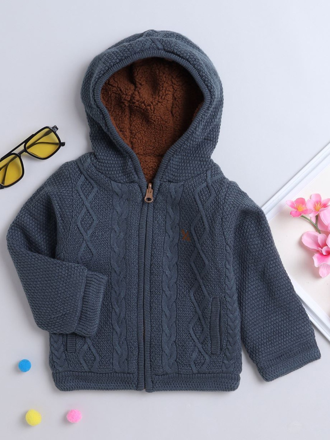 

Yellow Apple Boys Cable Knit Hooded Front-Open Reversible Woollen Sweater, Grey