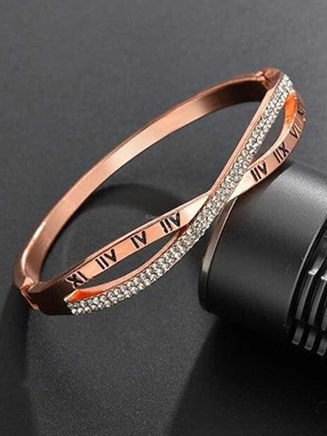 

WATCHSTAR Rose Gold-Plated Roman Numbers Stone Studded Bangle-Style Bracelet