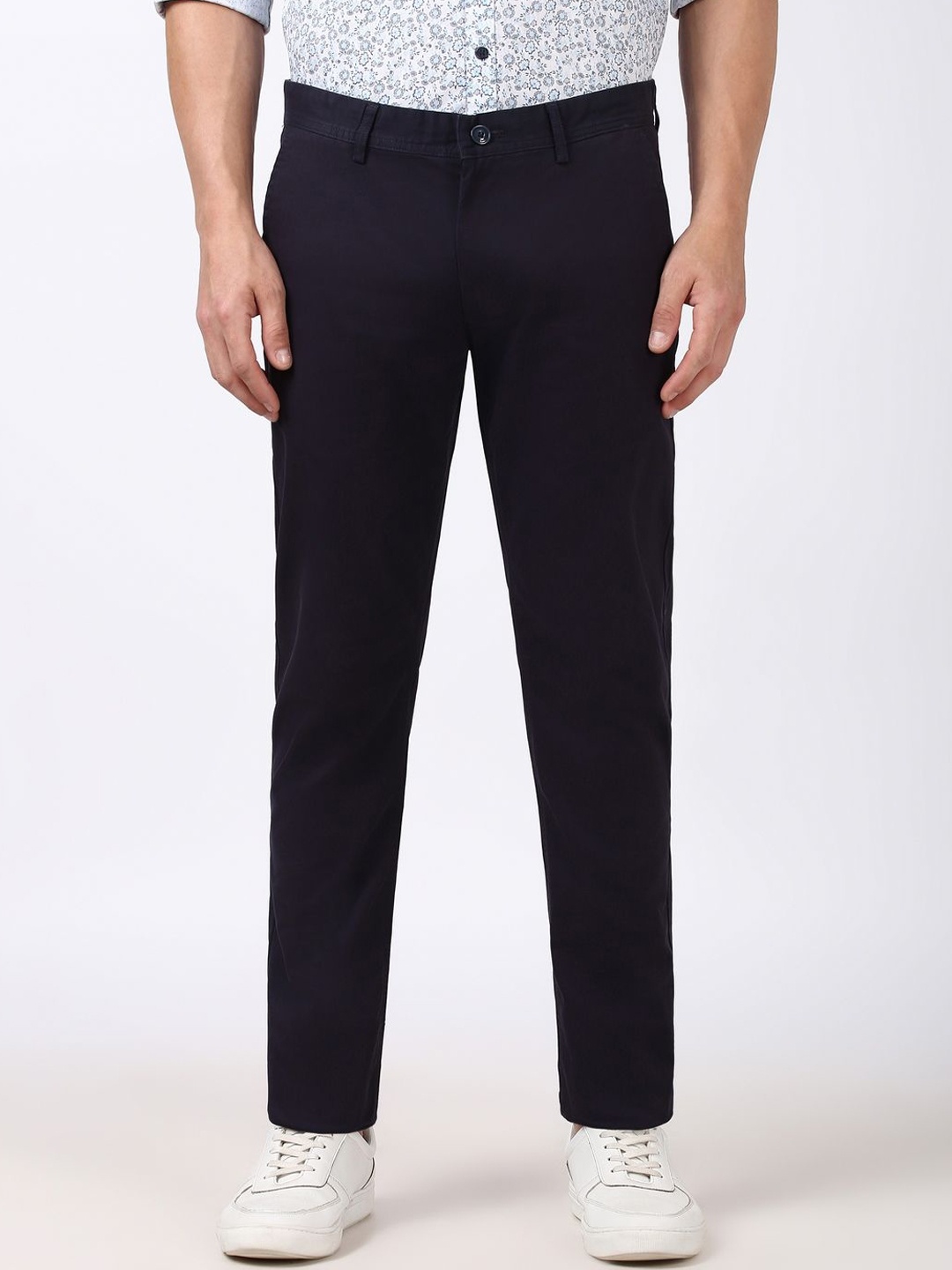 

Peter England Casuals Men Cotton Mid-Rise Slim Fit Regular Trousers, Purple
