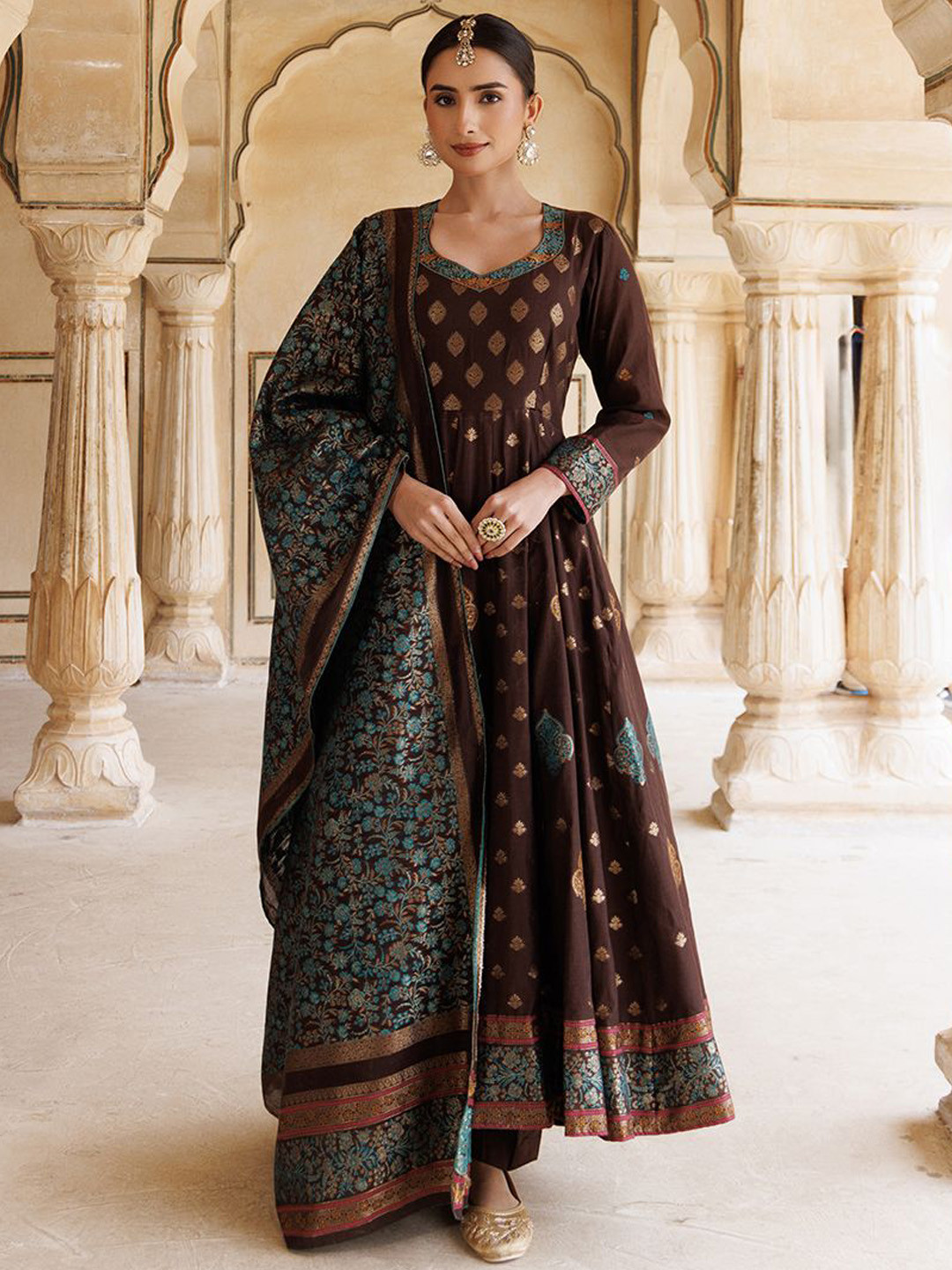 

KIDAR Woven Design Anarkali Kurta & Trousers With Dupatta, Brown