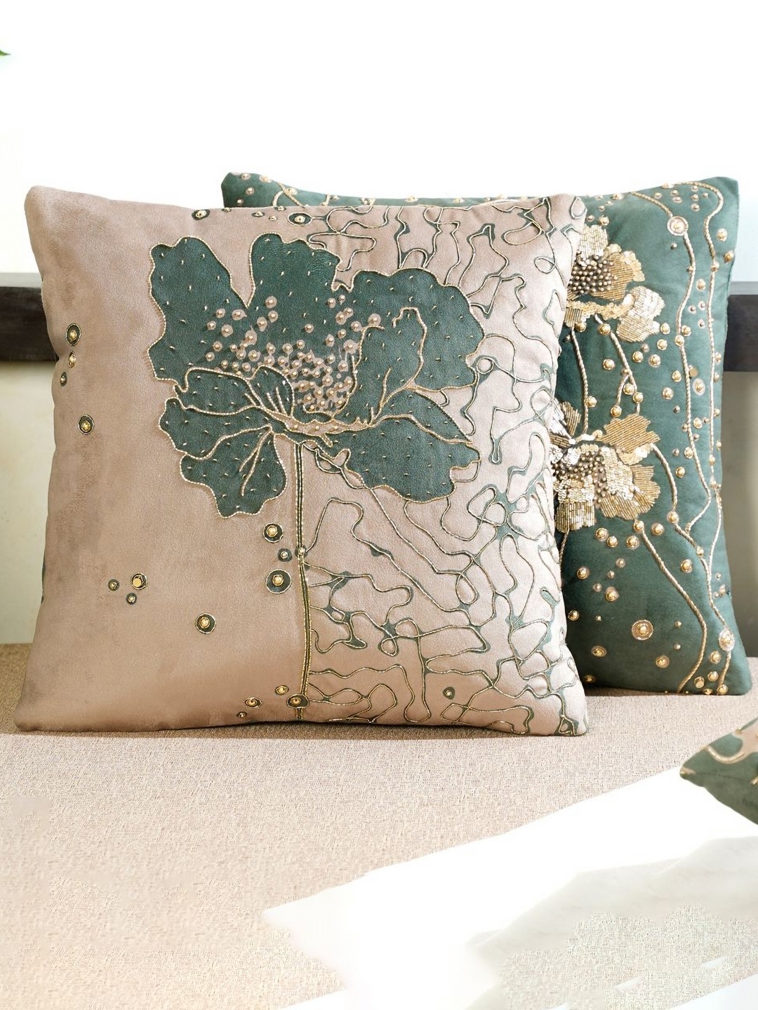 

Mid July Home Green & Cream-Coloured 2 Pieces Floral Velvet Square Cushion Covers