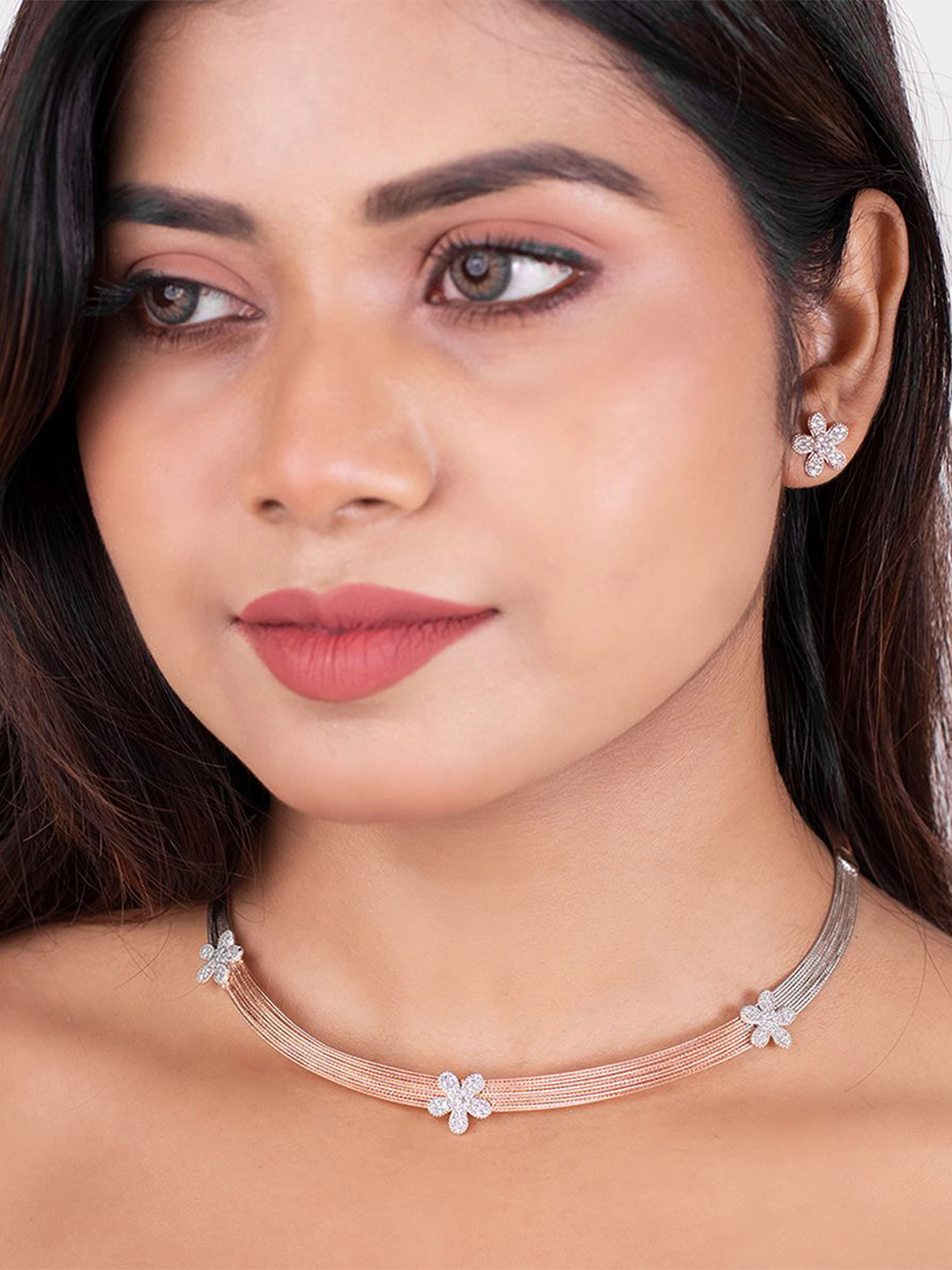 

SILBERRY 925 Sterling 18K Two Tone Rose Gold Stone Studded Silver-Plated Jewellery Set