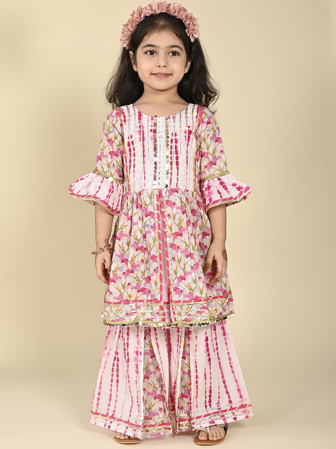 

LIL PITAARA Girls Floral Printed Bell Sleeves Pure Cotton Anarkali Kurta with Sharara, Pink