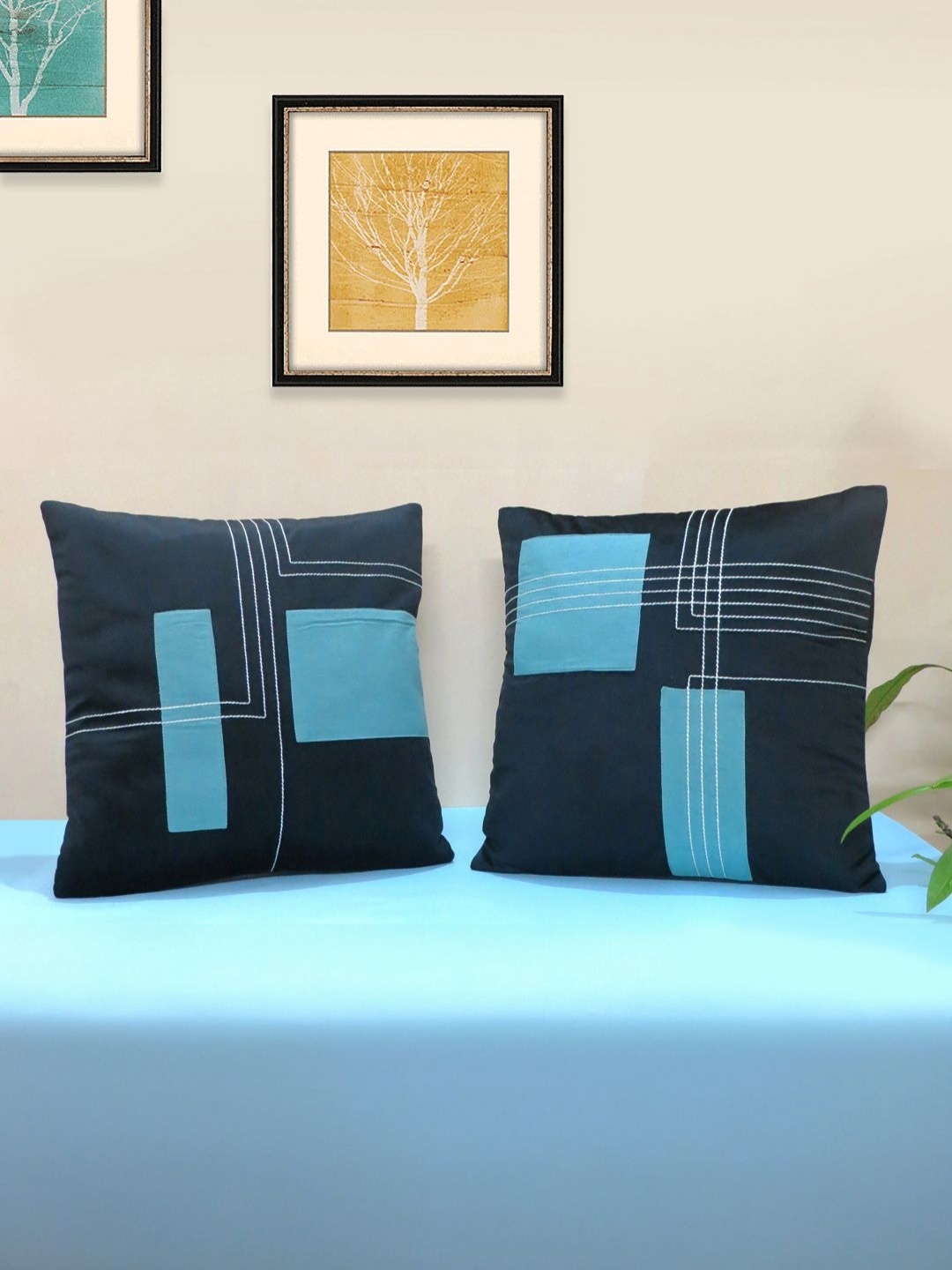 

Mid July Home Black & Blue 2 Pieces Geometric Velvet Square Cushion Covers