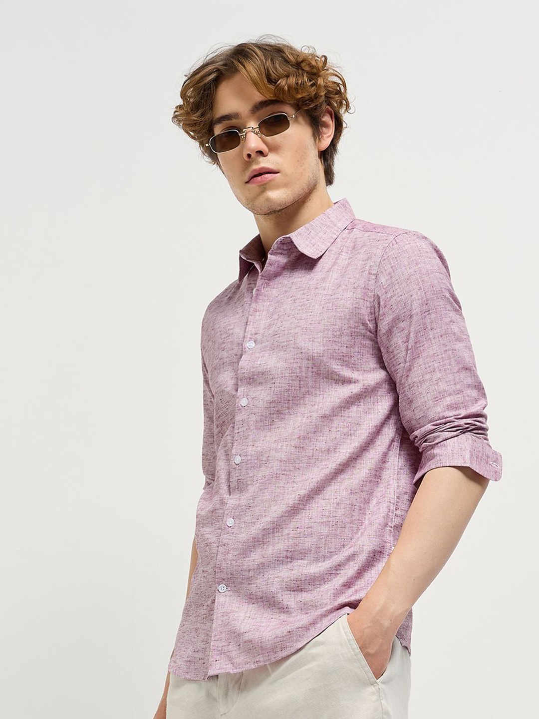 

THE BEAR HOUSE Men Spread Collar Solid Casual Shirt, Lavender