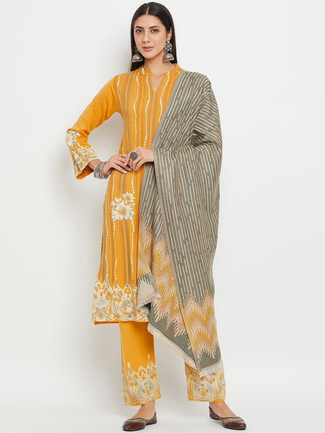 

Zigo Winter Wear Striped Printed Regular Pure Wool Straight Kurta with Palazzos, Mustard