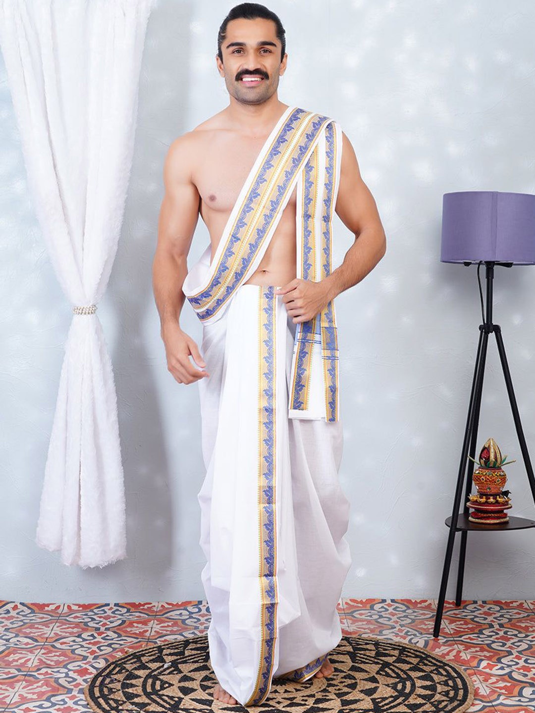 

Ramraj Men Cotton Panchakacham Dhoti with Angavastram, White