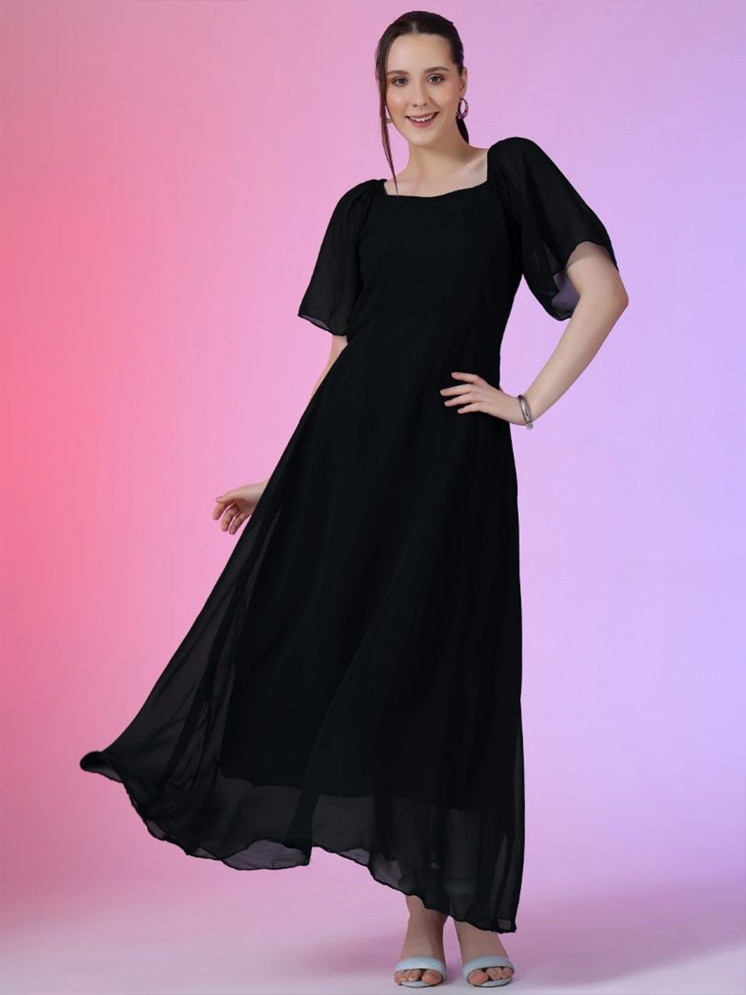 

Femvy Women Solid Bell Sleeve Fit & Flare Maxi Dress, Black