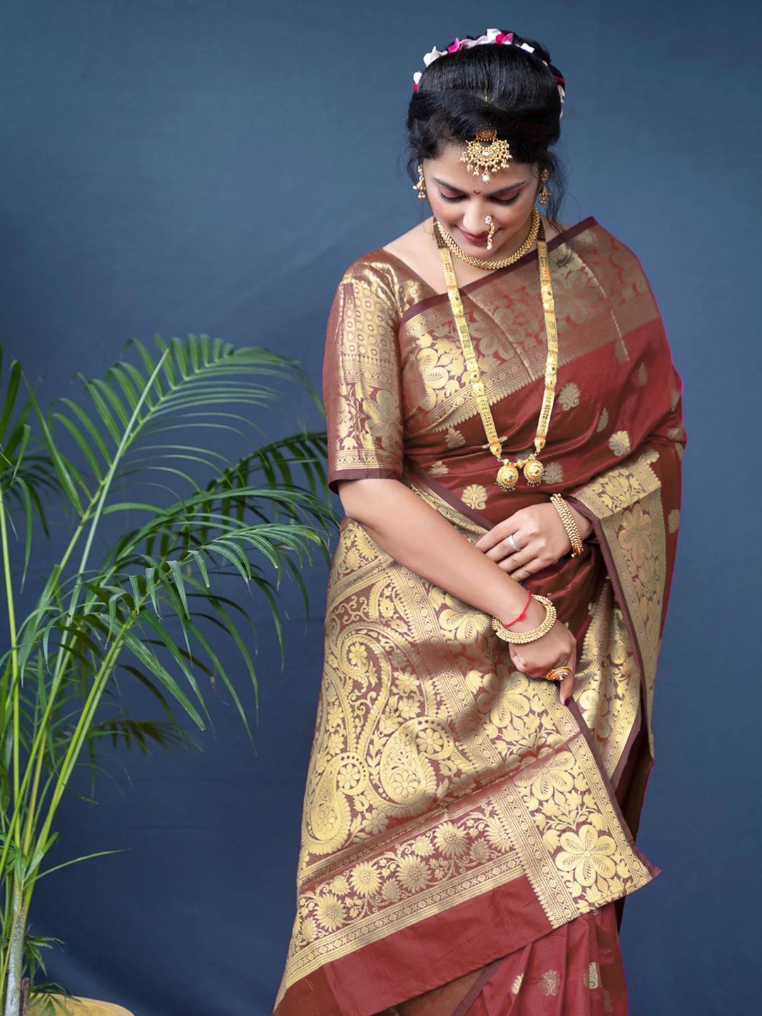 

KALINI Ethnic Motifs Zari Pure Silk Banarasi Saree, Maroon