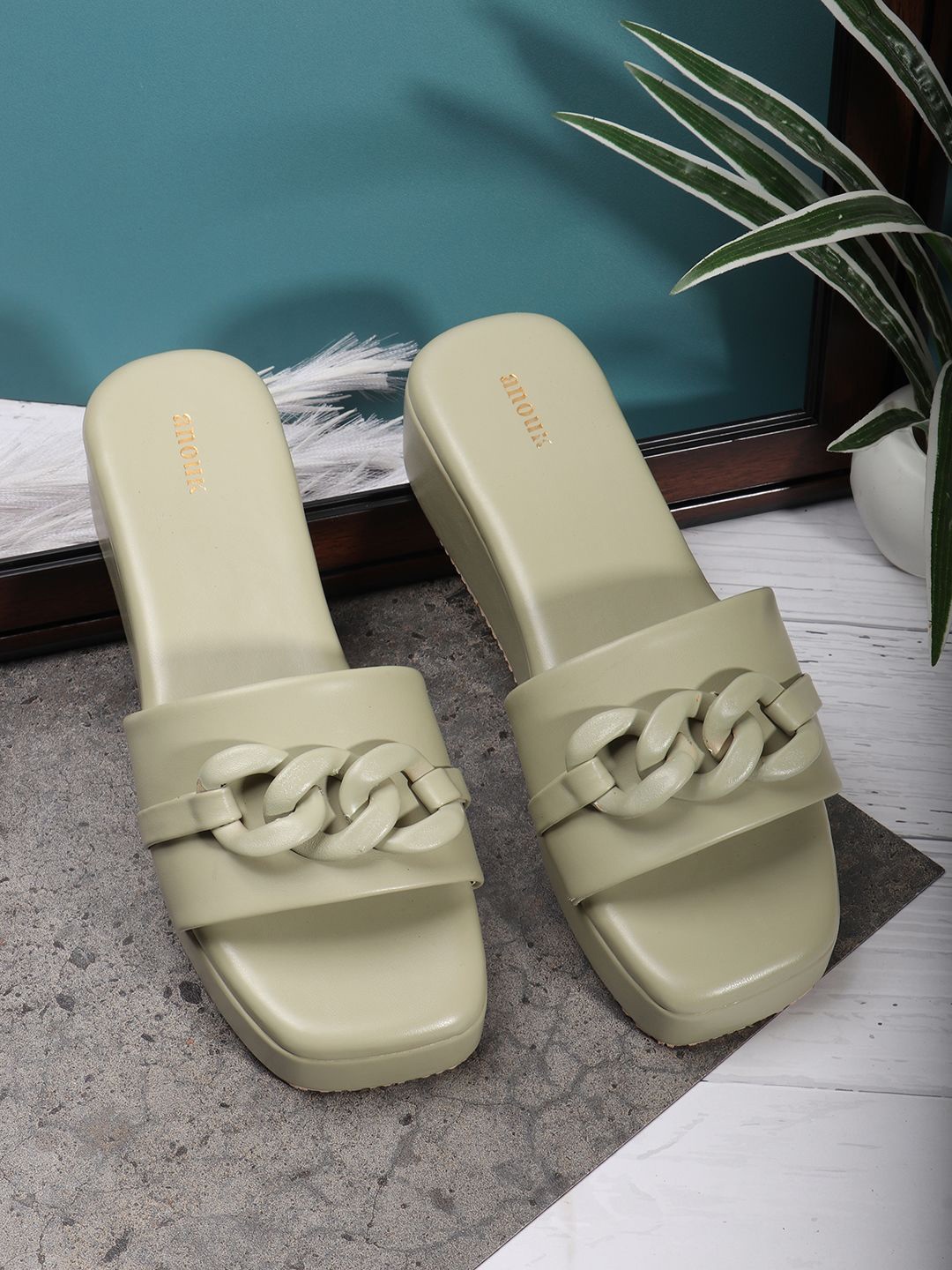 

Anouk Wedge Solid Sandals with Buckles, Olive