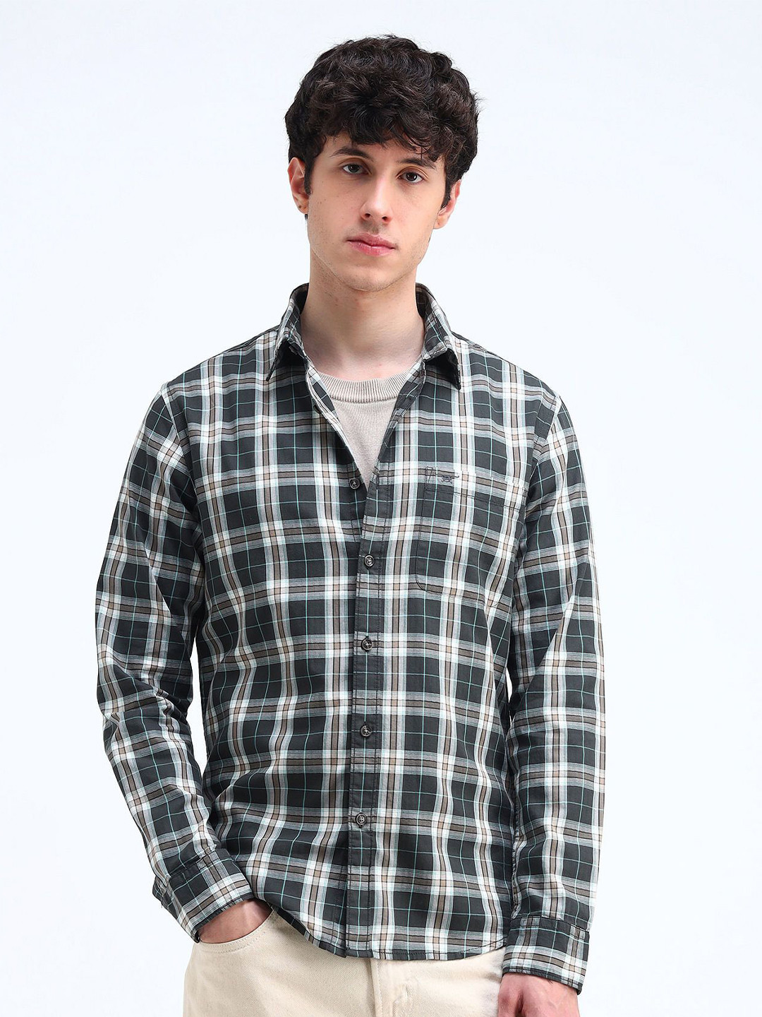 

Flying Machine Men Spread Collar Checked Cotton Slim Fit Casual Shirt, Green