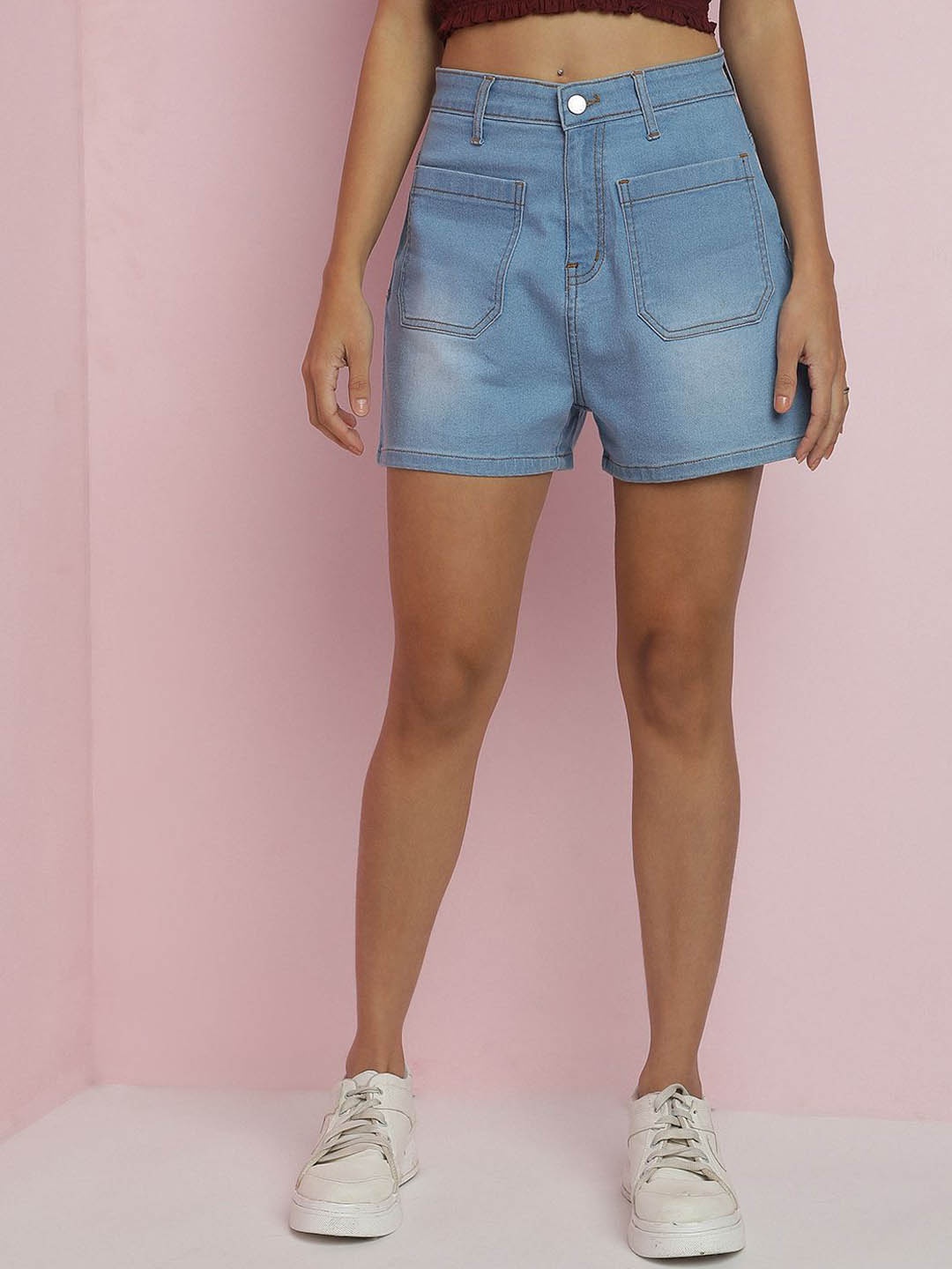 

Kotty Women Solid High-Rise Cotton Denim Shorts, Blue