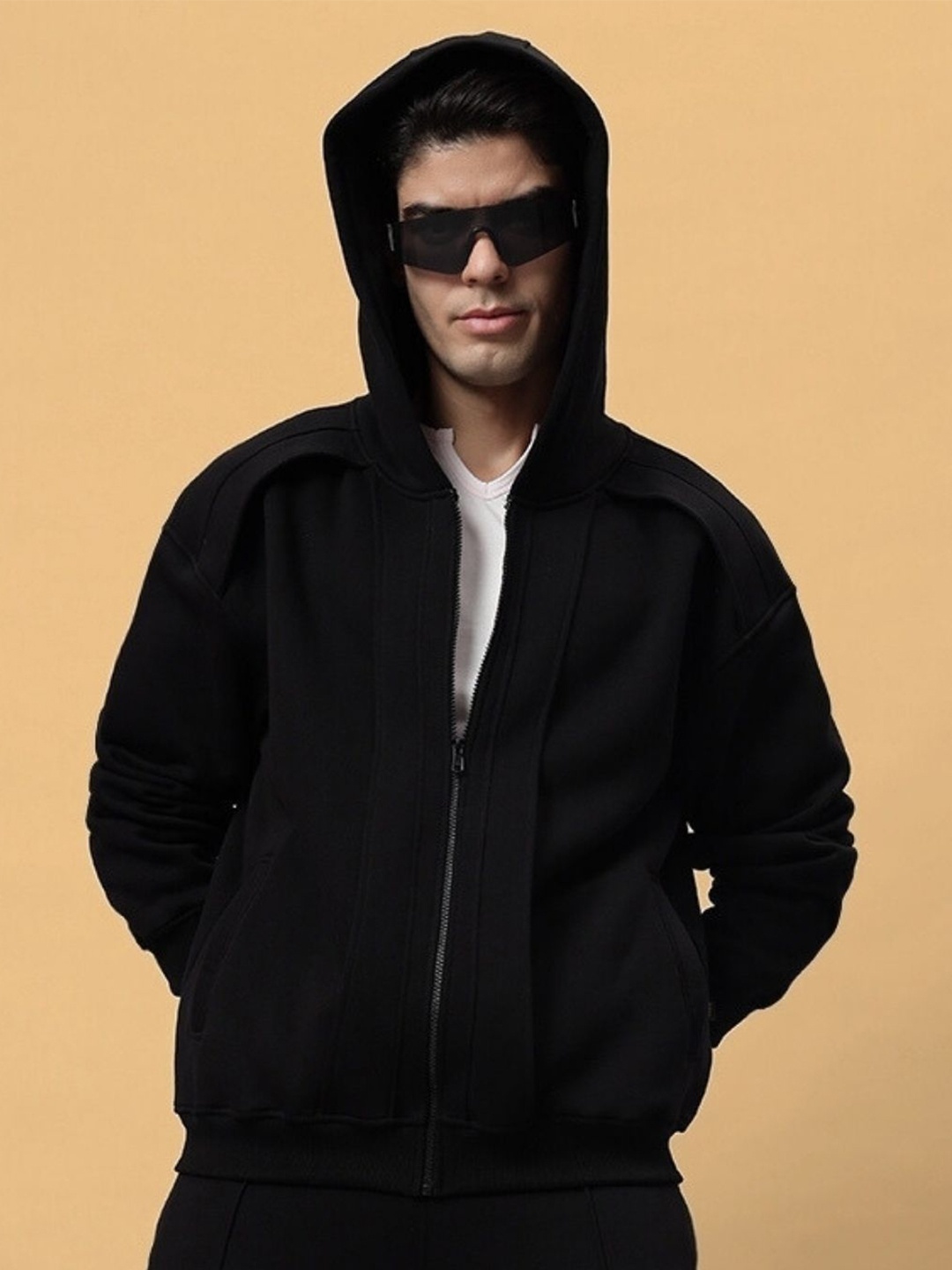 

WEARDUDS Men Solid Hood Wool Front-Open Sweatshirt, Black