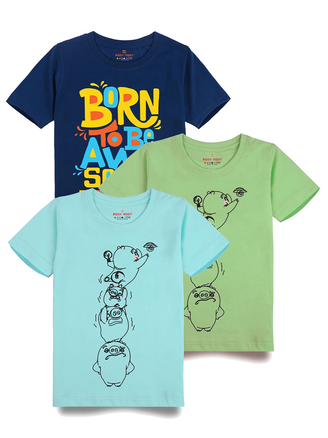 

AUSK Boys Pack Of 3 Graphic Printed Round Neck Cotton T-shirts, Lime green