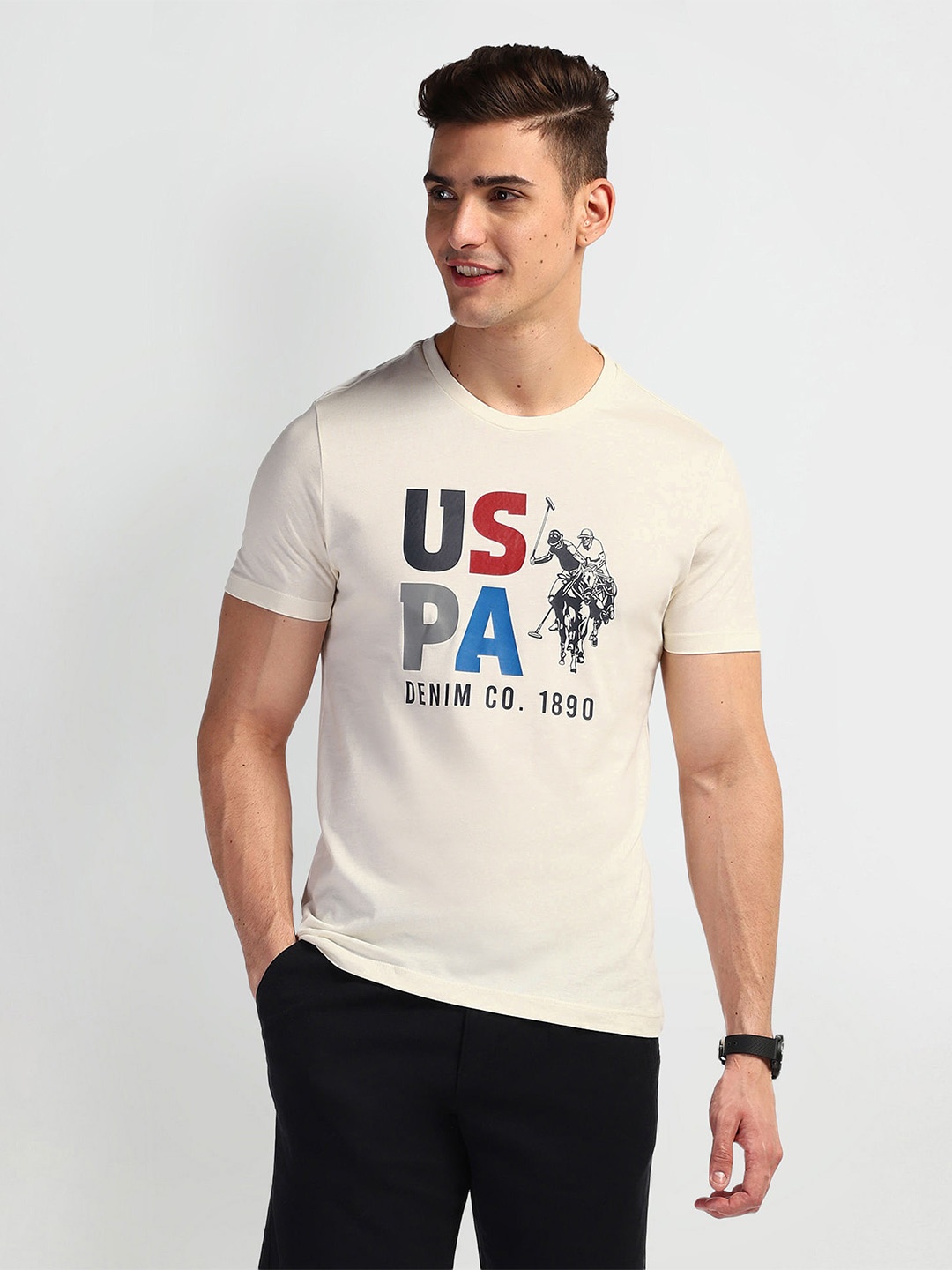 

U.S. Polo Assn. Denim Co. Brand Logo Printed Pure Cotton Slim Fit T-shirt, Cream